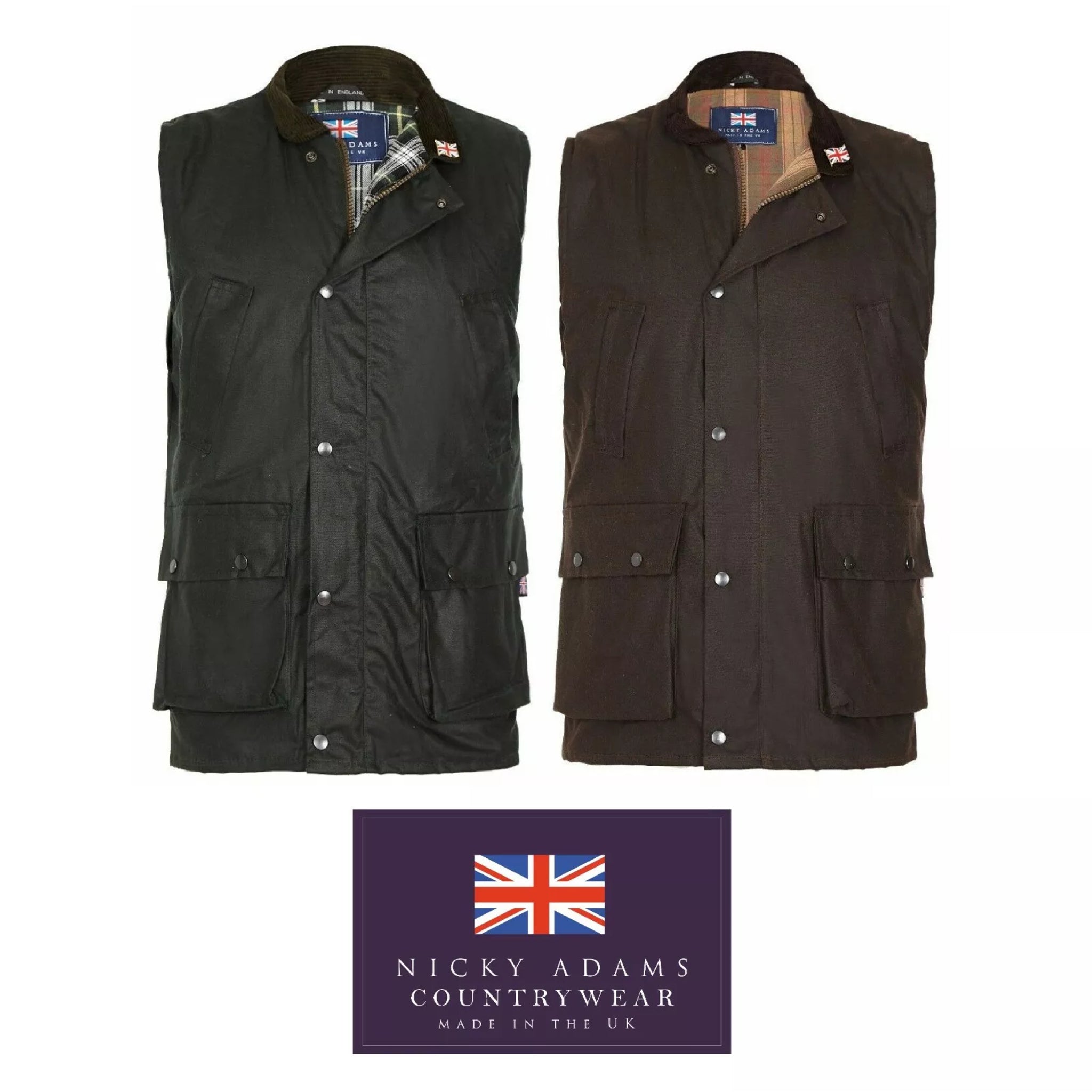 Men's Nicky Adams branded brown and green waterproof wax waistcoat with multiple pockets and tartan lining